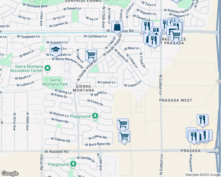 map of restaurants, bars, coffee shops, grocery stores, and more near 17445 West Mandalay Lane in Surprise