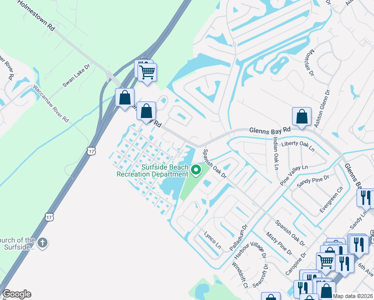 map of restaurants, bars, coffee shops, grocery stores, and more near 2227-2279 Glenns Bay Road in Myrtle Beach