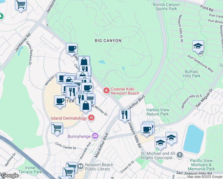 map of restaurants, bars, coffee shops, grocery stores, and more near 18 Pine Valley Lane in Newport Beach