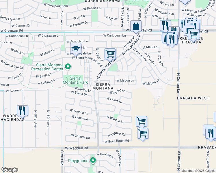 map of restaurants, bars, coffee shops, grocery stores, and more near 17609 West Mandalay Lane in Surprise
