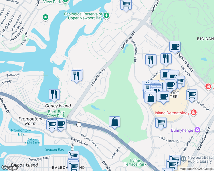 map of restaurants, bars, coffee shops, grocery stores, and more near 72 Ocean Vista in Newport Beach