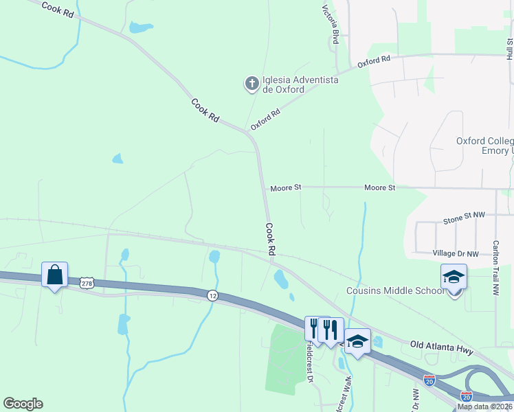 map of restaurants, bars, coffee shops, grocery stores, and more near 119 Cook Road in Covington