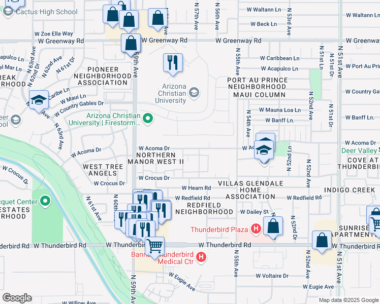 map of restaurants, bars, coffee shops, grocery stores, and more near 5620 West Acoma Drive in Glendale