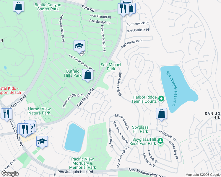 map of restaurants, bars, coffee shops, grocery stores, and more near 4 Hillsborough in Newport Beach