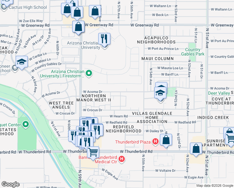 map of restaurants, bars, coffee shops, grocery stores, and more near 5620 West Acoma Drive in Glendale