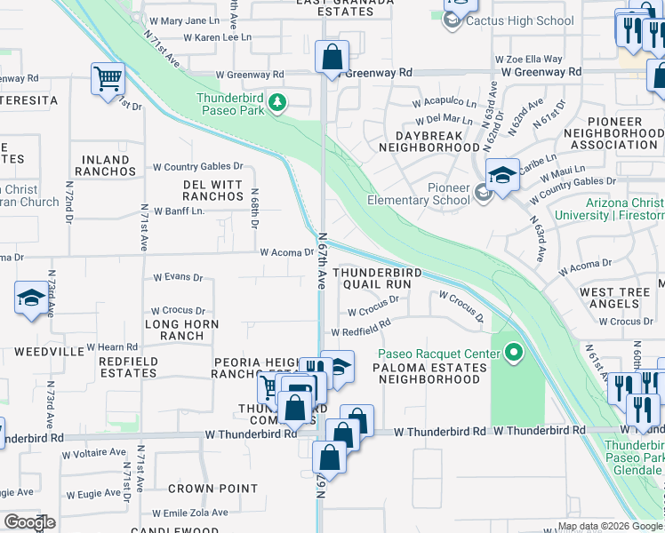 map of restaurants, bars, coffee shops, grocery stores, and more near 6628 West Evans Drive in Glendale