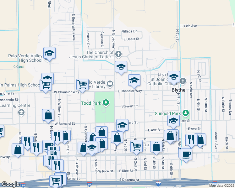 map of restaurants, bars, coffee shops, grocery stores, and more near 500 North Broadway in Blythe