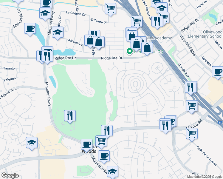 map of restaurants, bars, coffee shops, grocery stores, and more near 2396 Via Mariposa West in Laguna Woods
