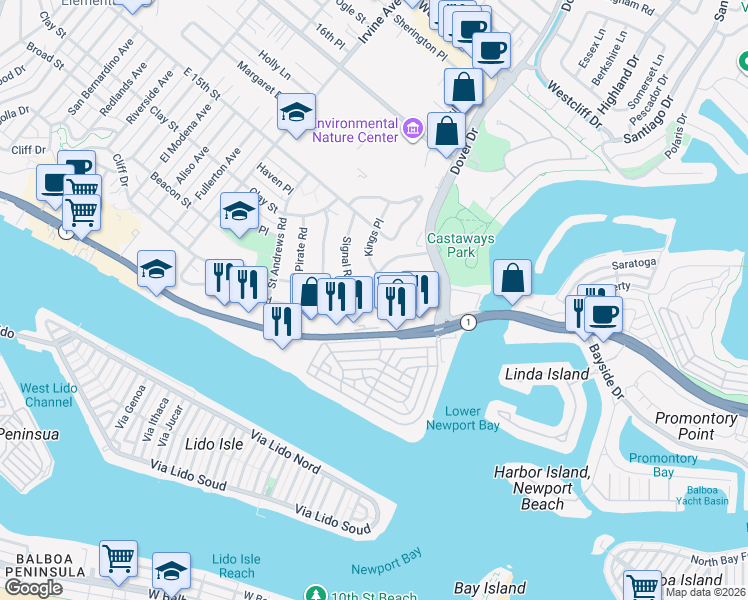 map of restaurants, bars, coffee shops, grocery stores, and more near 600 Cliff Drive in Newport Beach