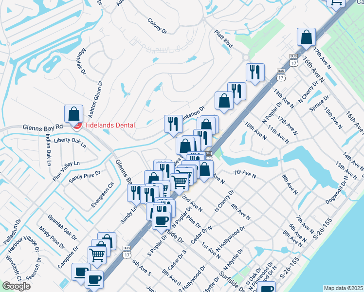 map of restaurants, bars, coffee shops, grocery stores, and more near 2 5th Avenue North in Myrtle Beach
