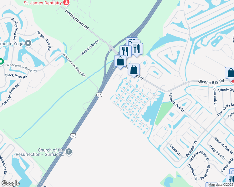 map of restaurants, bars, coffee shops, grocery stores, and more near 2274 Huntingdon Drive in Surfside Beach