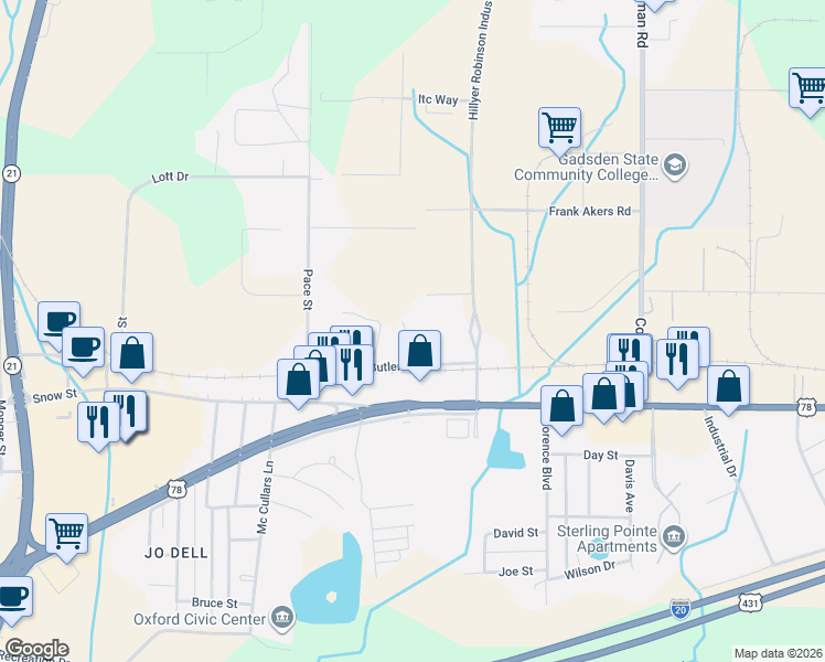 map of restaurants, bars, coffee shops, grocery stores, and more near 129 Pine Lane in Oxford