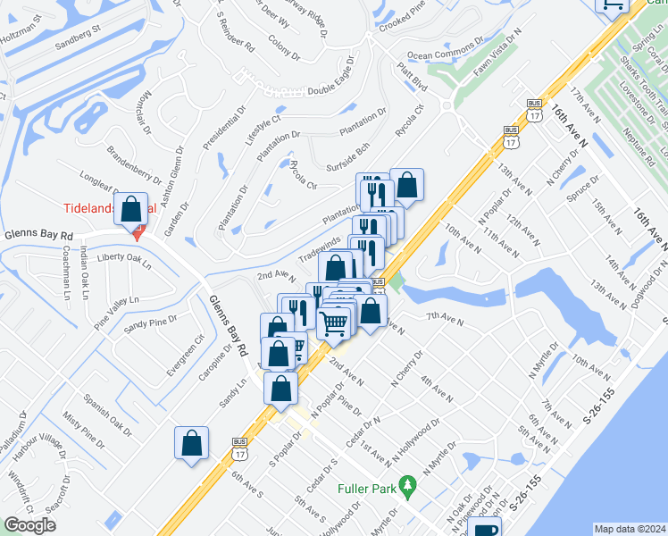 map of restaurants, bars, coffee shops, grocery stores, and more near 1100 5th Avenue North in Surfside Beach