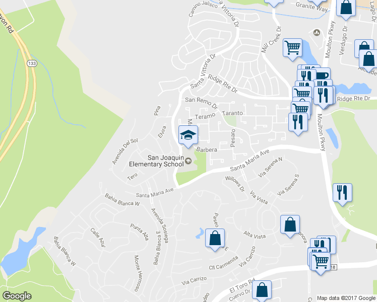map of restaurants, bars, coffee shops, grocery stores, and more near 22182 Barbera in Laguna Hills