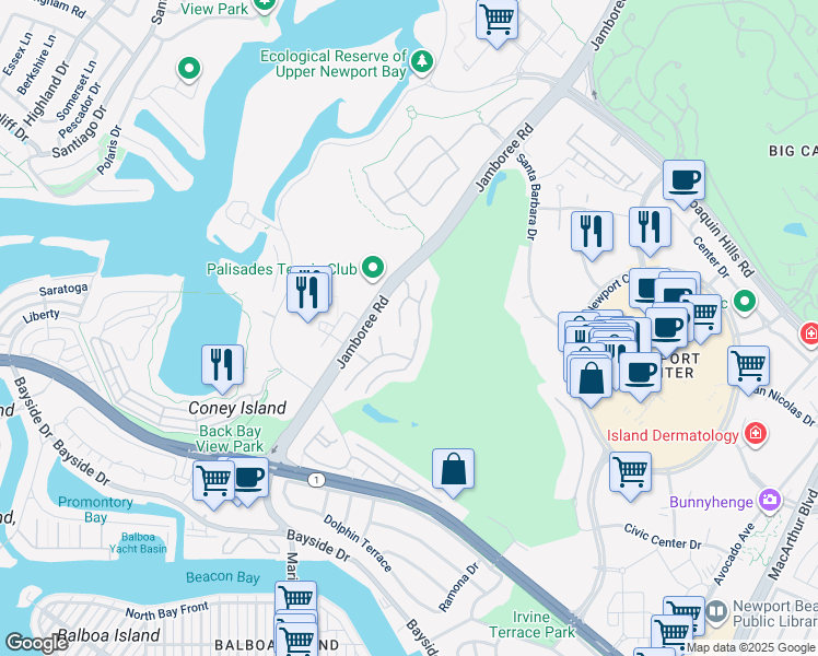 map of restaurants, bars, coffee shops, grocery stores, and more near in Newport Beach