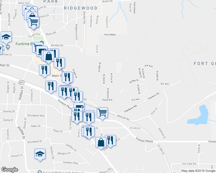 map of restaurants, bars, coffee shops, grocery stores, and more near North South Avenue in Forest Park