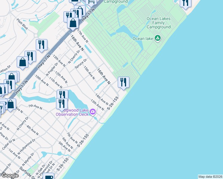 map of restaurants, bars, coffee shops, grocery stores, and more near 1519 North Palmetto Drive in Surfside Beach