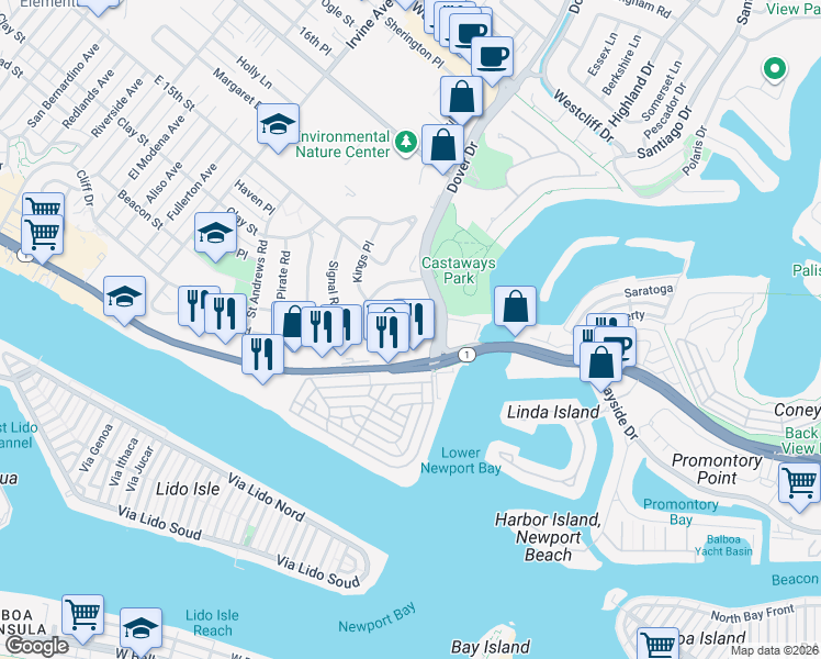 map of restaurants, bars, coffee shops, grocery stores, and more near 101 Kings Place in Newport Beach