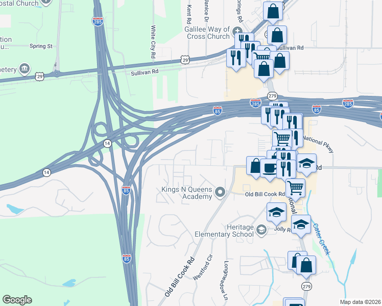 map of restaurants, bars, coffee shops, grocery stores, and more near 2810 Windsor Forrest Court in College Park