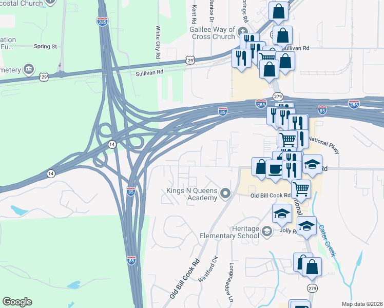 map of restaurants, bars, coffee shops, grocery stores, and more near 2820 Windsor Forrest Court in College Park