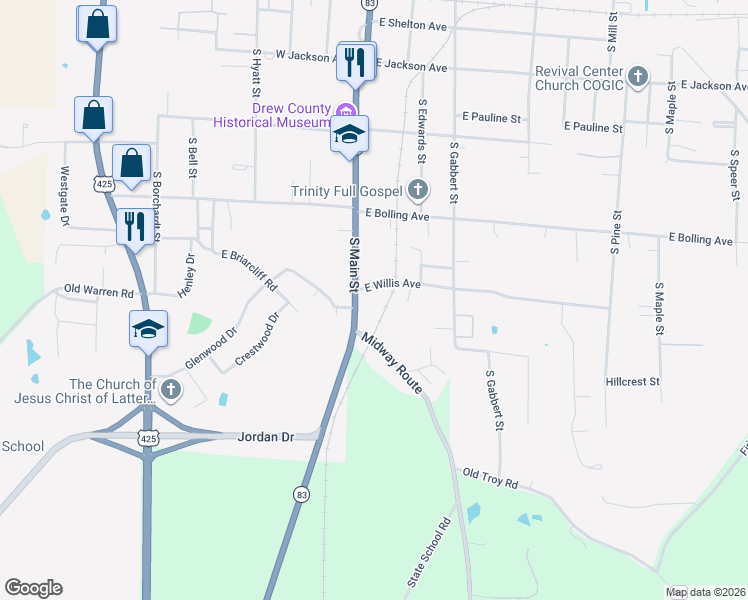 map of restaurants, bars, coffee shops, grocery stores, and more near 106 East Willis Avenue in Monticello