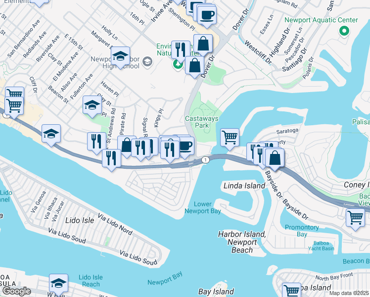 map of restaurants, bars, coffee shops, grocery stores, and more near 112 Kings Place in Newport Beach