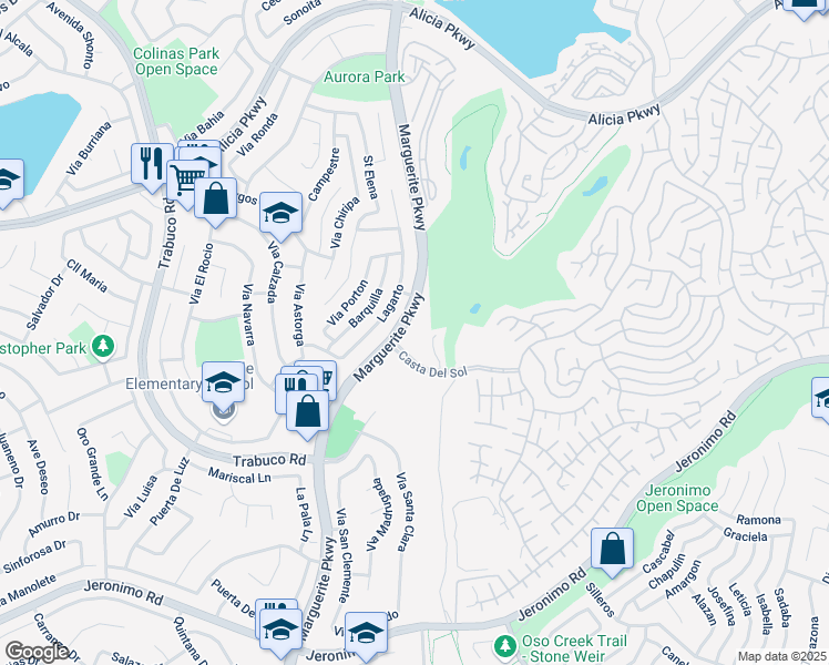 map of restaurants, bars, coffee shops, grocery stores, and more near 23792 Marguerite Parkway in Mission Viejo