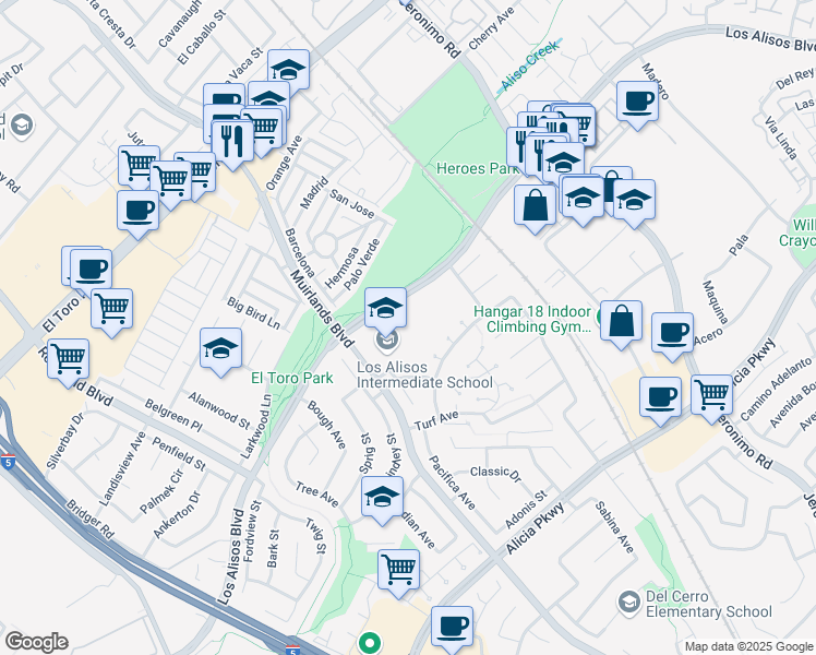map of restaurants, bars, coffee shops, grocery stores, and more near 25171 Moor Avenue in Mission Viejo