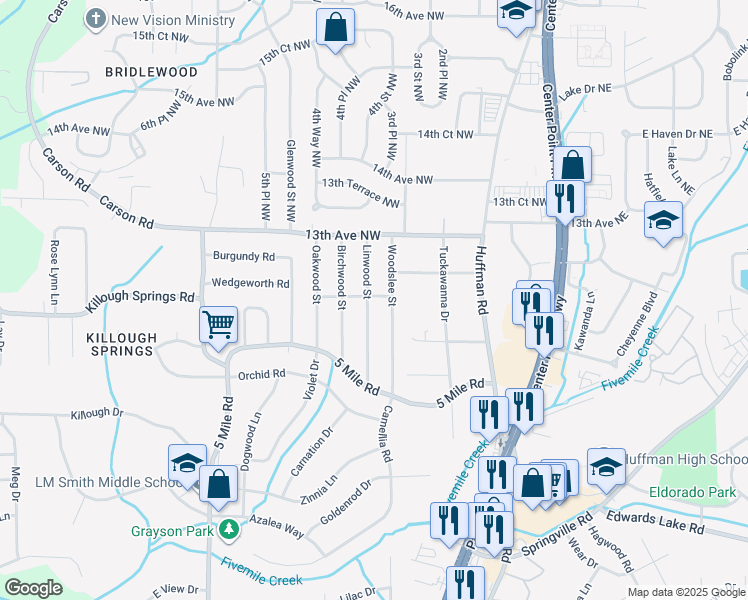 map of restaurants, bars, coffee shops, grocery stores, and more near 1208 Woodslee Street in Birmingham