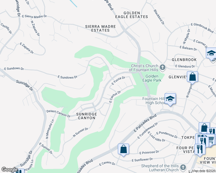 map of restaurants, bars, coffee shops, grocery stores, and more near 15624 East Yucca Drive in Fountain Hills