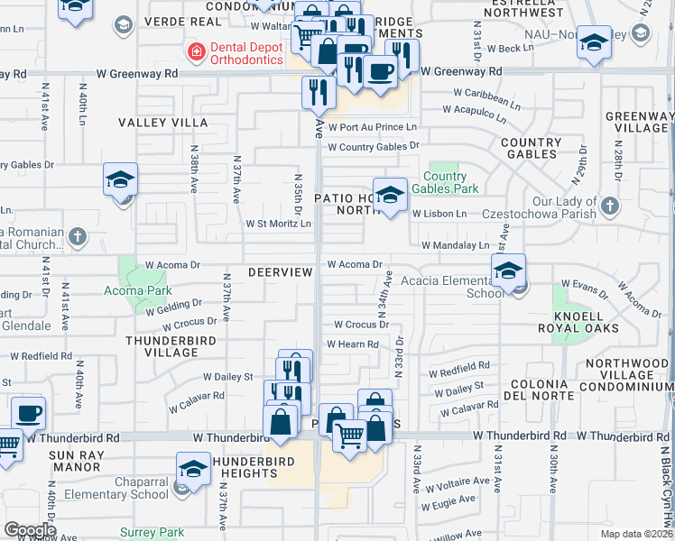 map of restaurants, bars, coffee shops, grocery stores, and more near 3424 West Acoma Drive in Phoenix
