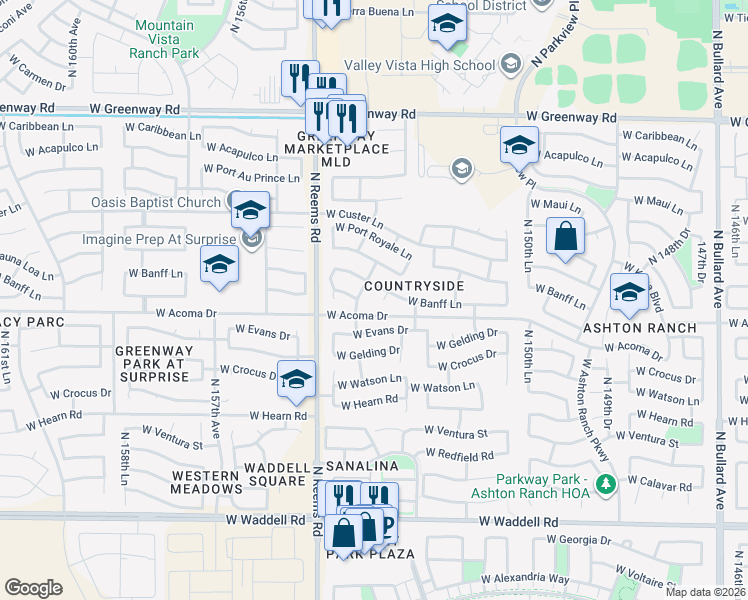 map of restaurants, bars, coffee shops, grocery stores, and more near 15407 West Banff Lane in Surprise