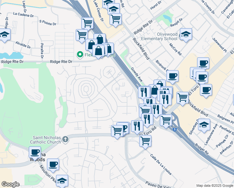 map of restaurants, bars, coffee shops, grocery stores, and more near 2137 Ronda Granada in Laguna Woods