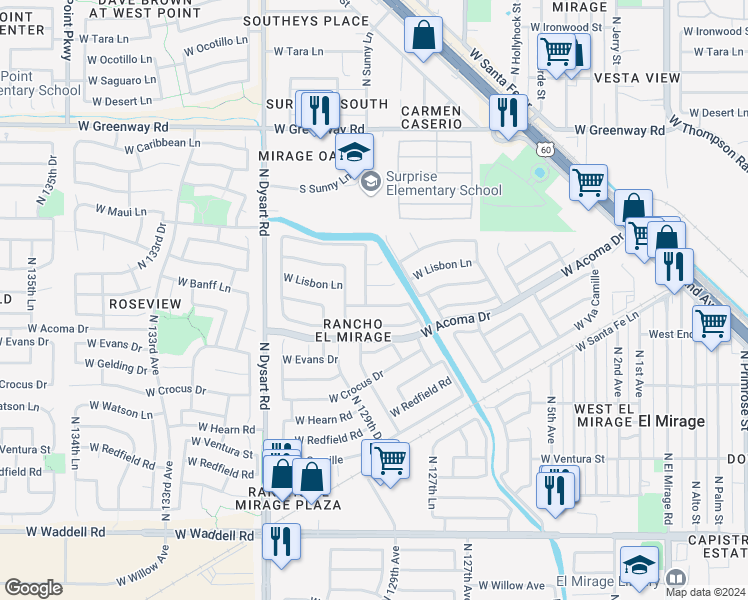 map of restaurants, bars, coffee shops, grocery stores, and more near 12820 West Saint Moritz Lane in El Mirage
