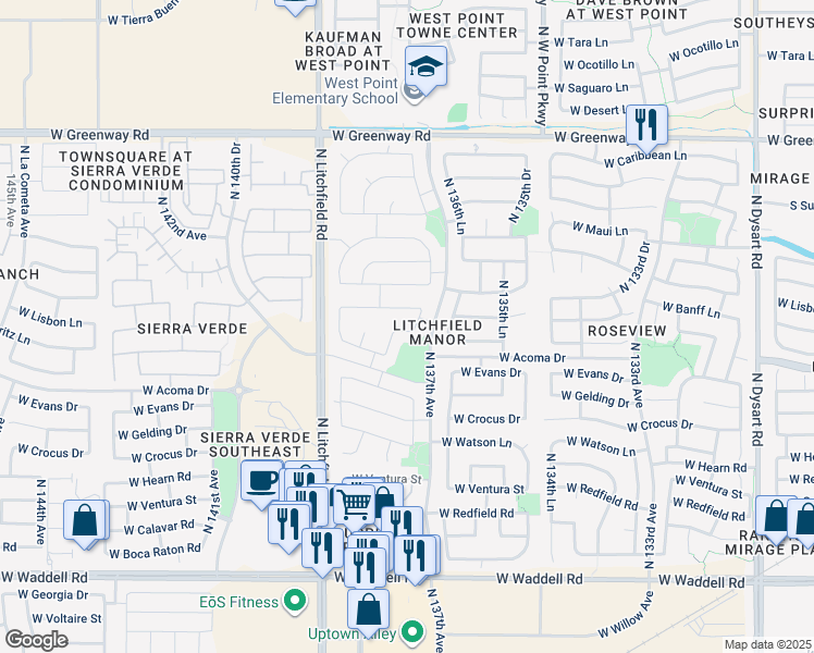 map of restaurants, bars, coffee shops, grocery stores, and more near 13747 West Banff Lane in Surprise