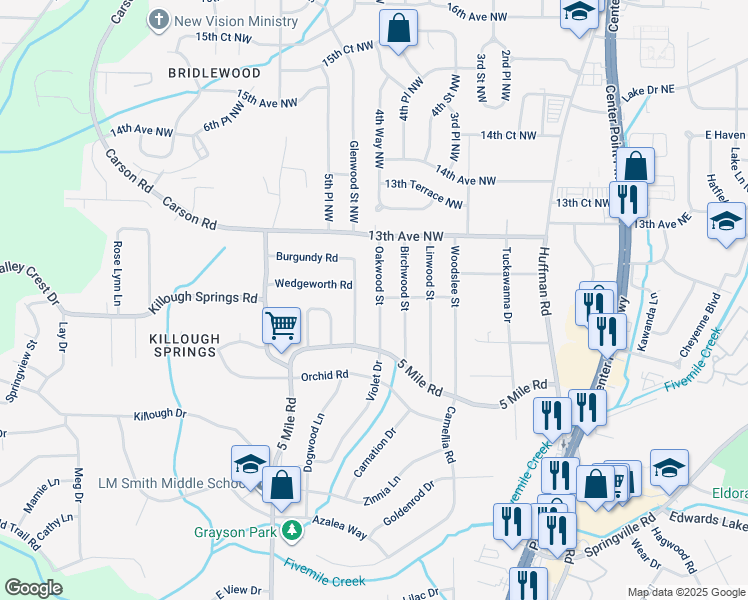 map of restaurants, bars, coffee shops, grocery stores, and more near 1132 Oakwood Street in Birmingham