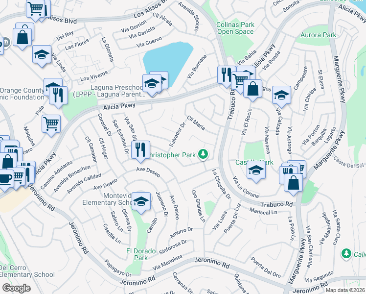 map of restaurants, bars, coffee shops, grocery stores, and more near 26711 Vía Alcala in Mission Viejo