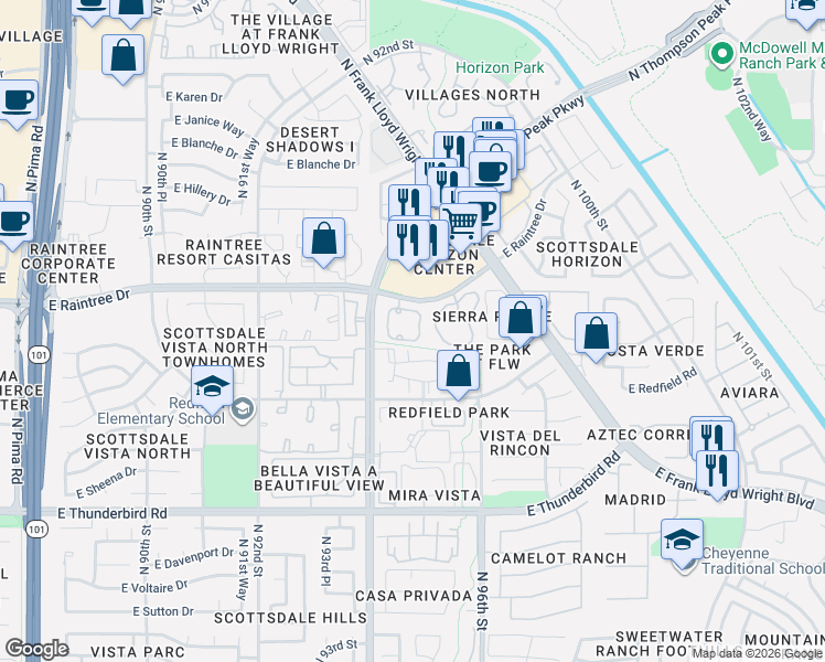 map of restaurants, bars, coffee shops, grocery stores, and more near East Raintree Drive in Scottsdale