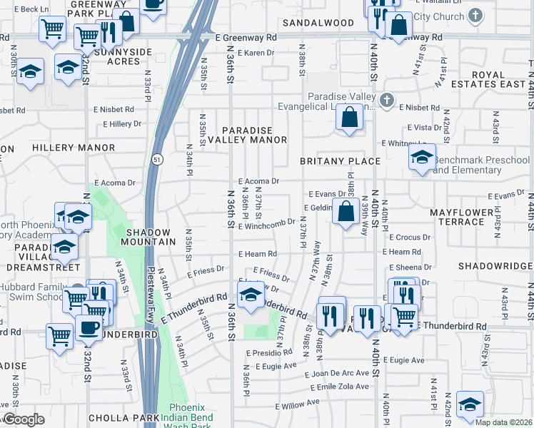 map of restaurants, bars, coffee shops, grocery stores, and more near 3724 East Gelding Drive in Phoenix