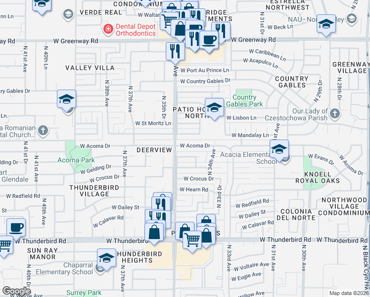 map of restaurants, bars, coffee shops, grocery stores, and more near 3424 West Acoma Drive in Phoenix