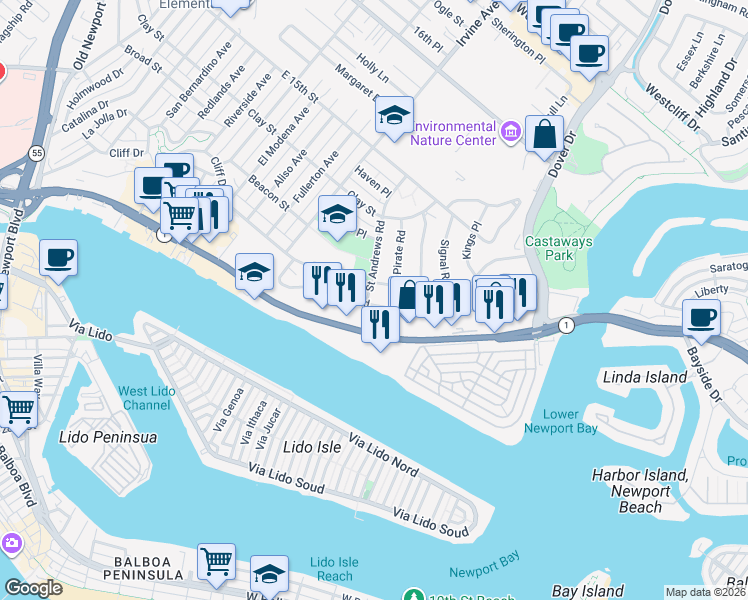 map of restaurants, bars, coffee shops, grocery stores, and more near 1100 Cliff Drive in Newport Beach