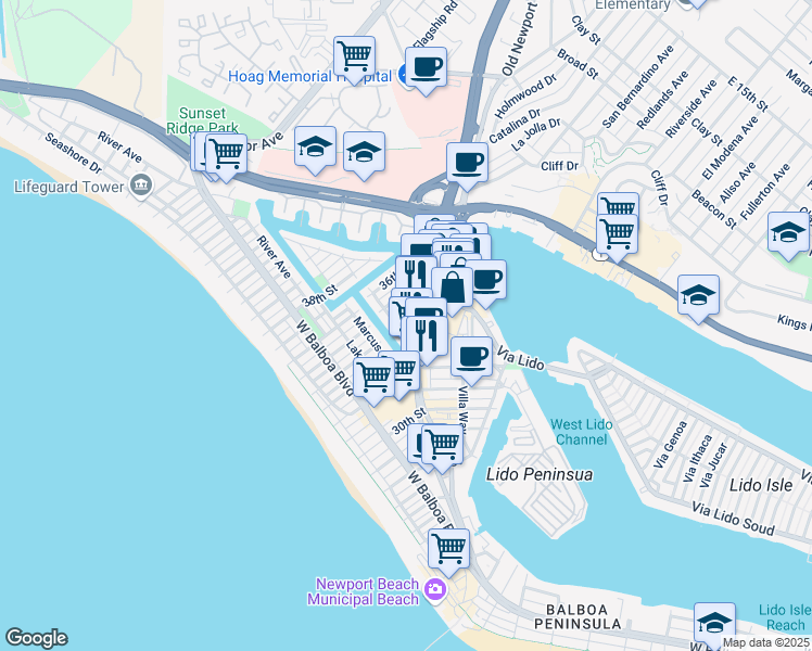 map of restaurants, bars, coffee shops, grocery stores, and more near 502 35th Street in Newport Beach