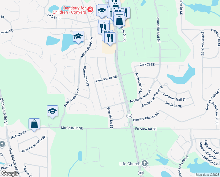 map of restaurants, bars, coffee shops, grocery stores, and more near 2126 Fieldstone View Court Southeast in Conyers