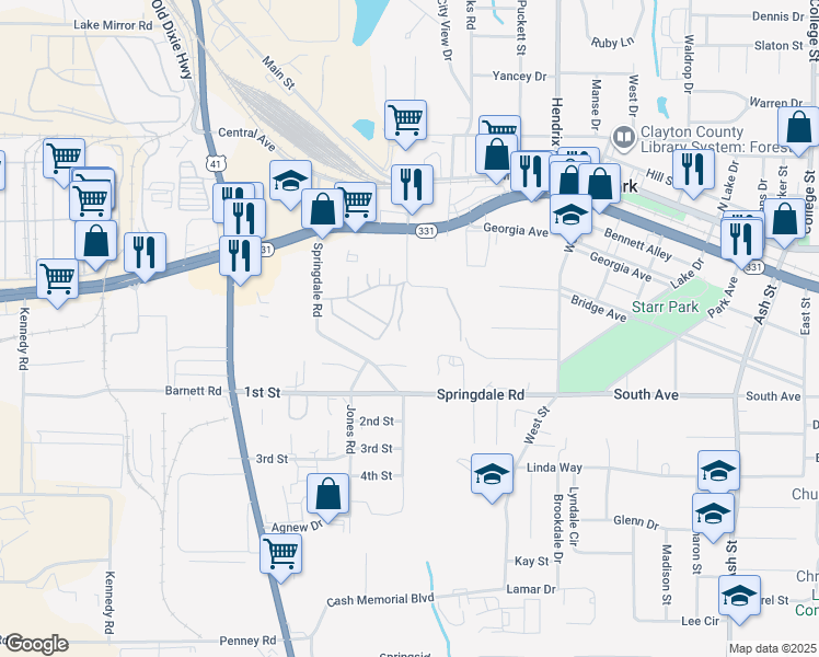 map of restaurants, bars, coffee shops, grocery stores, and more near 4947 Governors Drive in Forest Park
