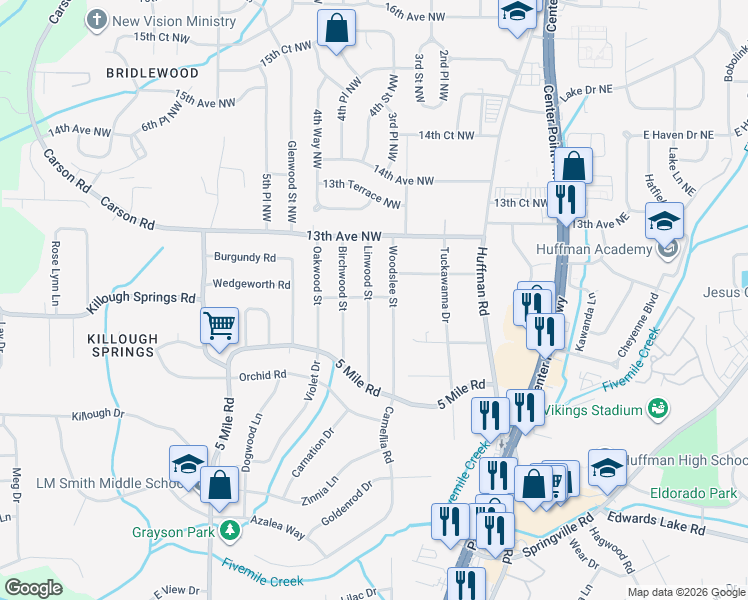 map of restaurants, bars, coffee shops, grocery stores, and more near 1208 Woodslee Street in Birmingham