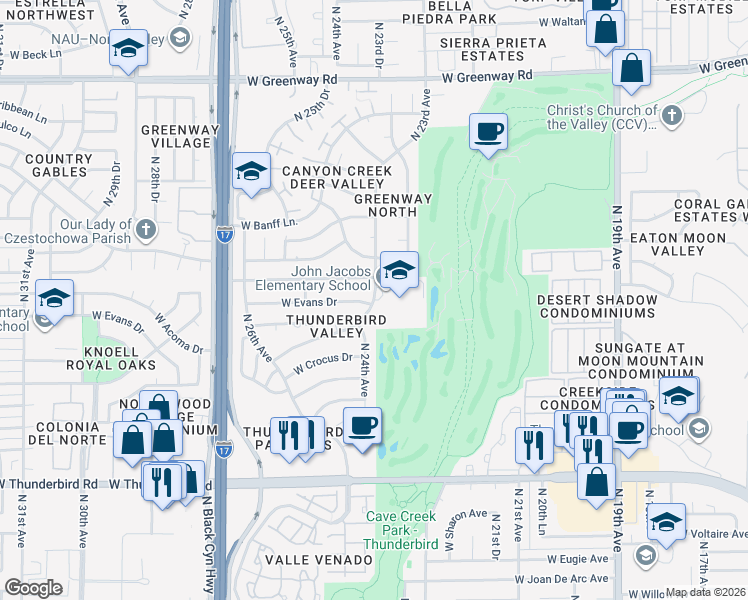 map of restaurants, bars, coffee shops, grocery stores, and more near North 23rd Avenue in Phoenix