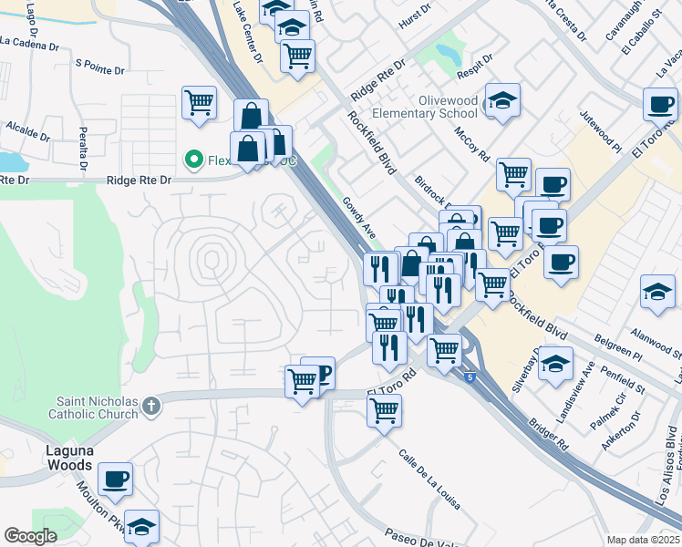 map of restaurants, bars, coffee shops, grocery stores, and more near 2123 Ronda Granada in Laguna Woods