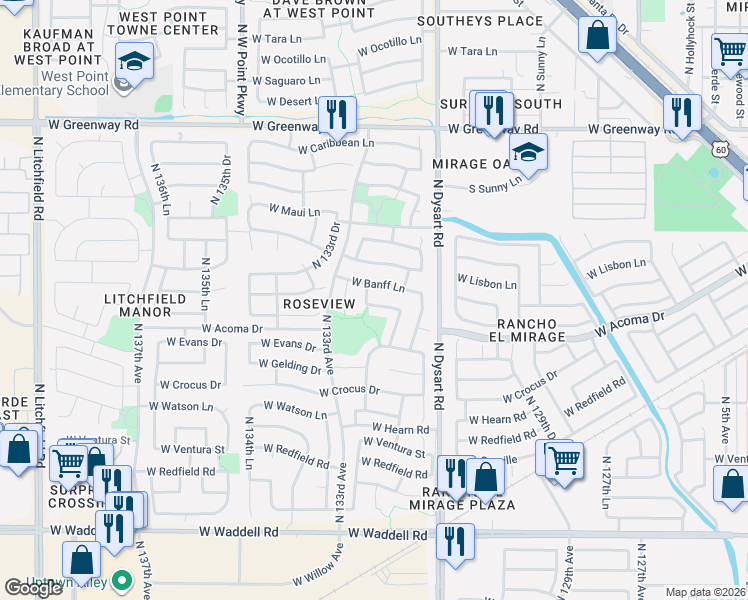 map of restaurants, bars, coffee shops, grocery stores, and more near 14768 North 132nd Drive in Surprise