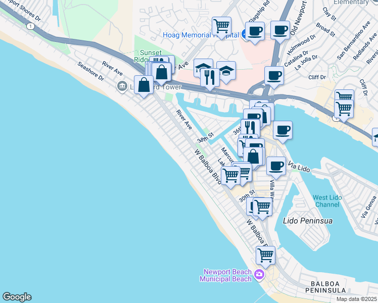 map of restaurants, bars, coffee shops, grocery stores, and more near 118 38th Street in Newport Beach