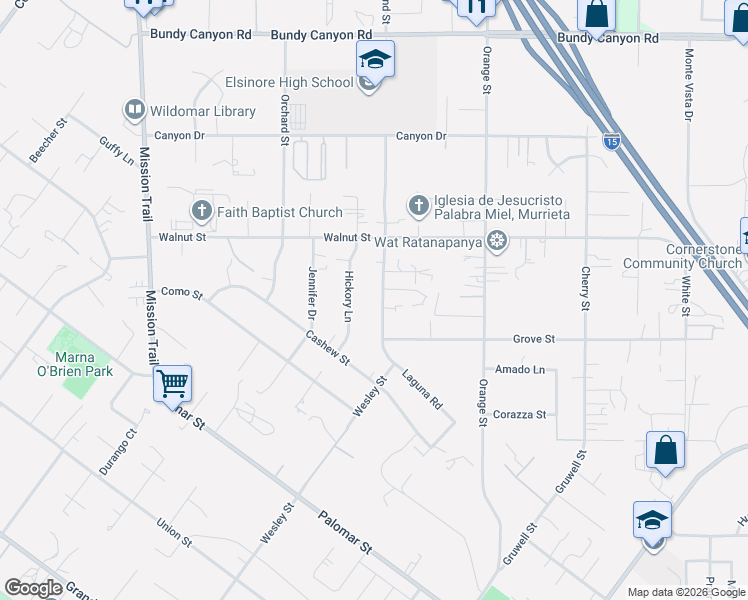 map of restaurants, bars, coffee shops, grocery stores, and more near 34611 Almond Street in Wildomar
